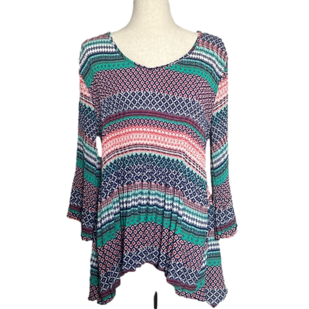CATO Multi‎ Color Mixed Print Bell Sleeves Sharkbite Hem Pleated Top Size Large